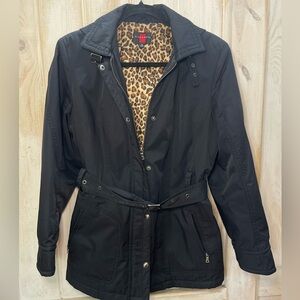 Gallery Woman’s Belted Waist Hooded Coat Water Resistant Medium Black